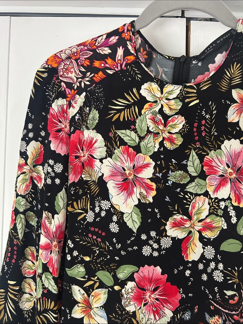 Zara Woman Floral Black Long Sleeve Dress - Pink & Green Flowers- Small